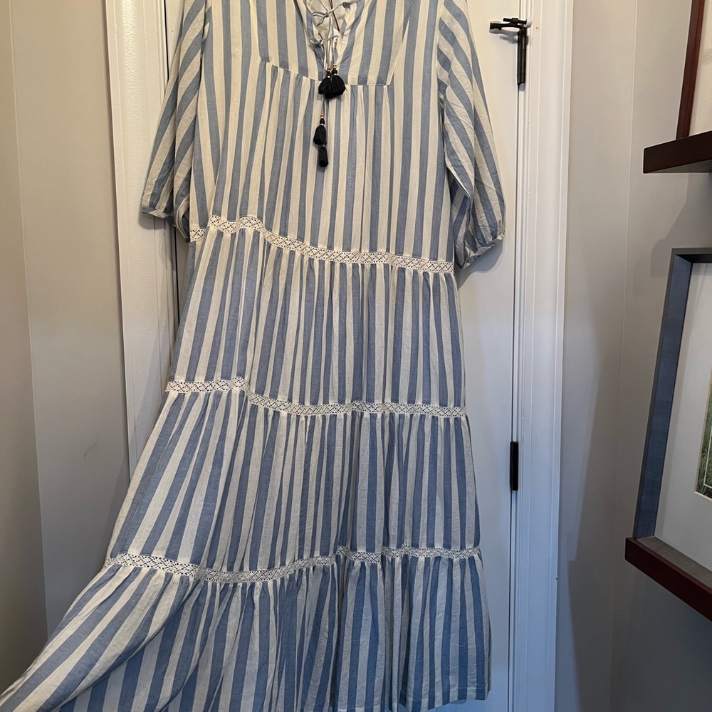 Pink Chicken Blue Chambray and Cream Tiered Maxi Sundress faded stripes - Picture 8 of 12
